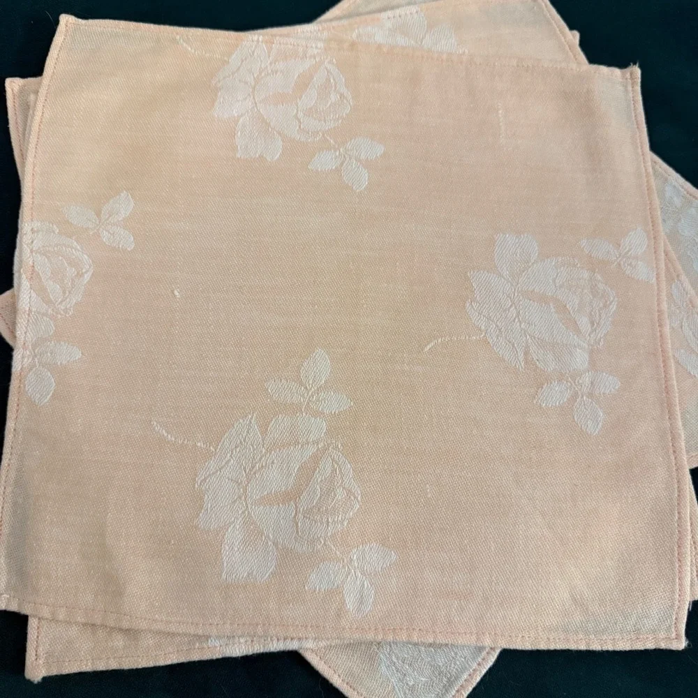 Set of 8 Peach Floral Jacquard Cloth Napkins Rose‎ Vine Pattern Elegant Dinner